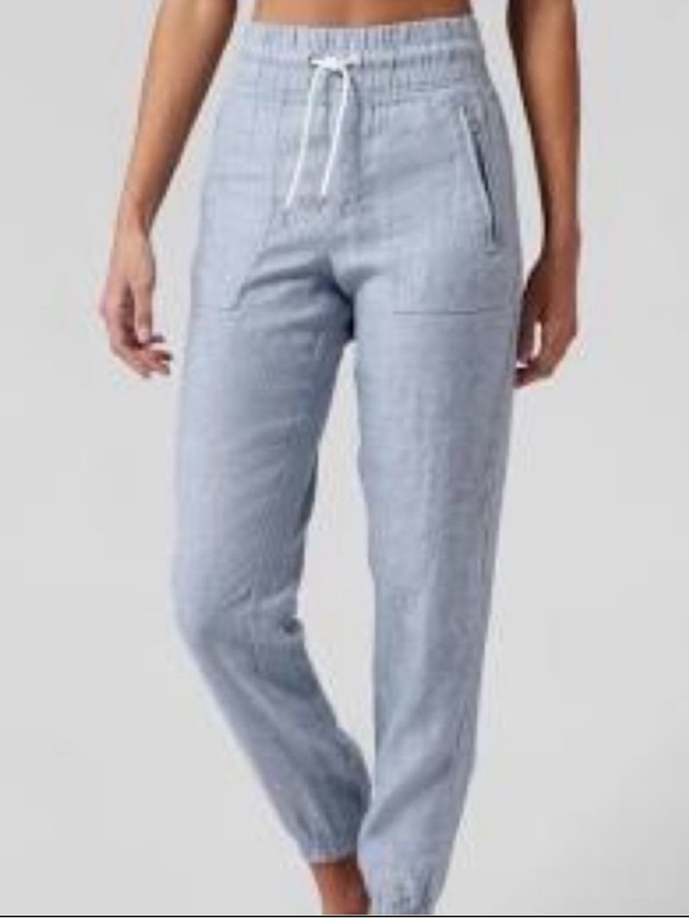Athleta Cabo Linen Jogger Womens 10 Blue 100% Linen Zip Pockets Mid Rise elastic